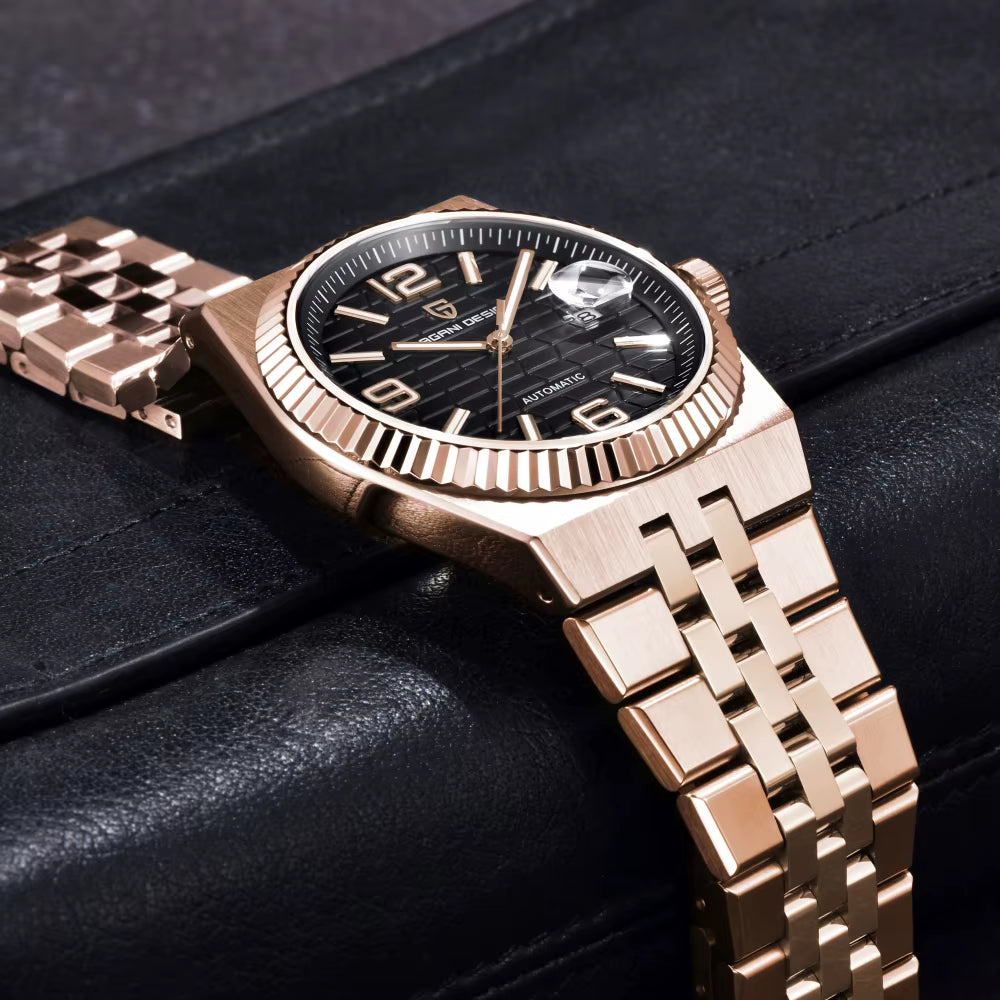 Kelra men’s honeycomb luxury quartz watch laying on leather background