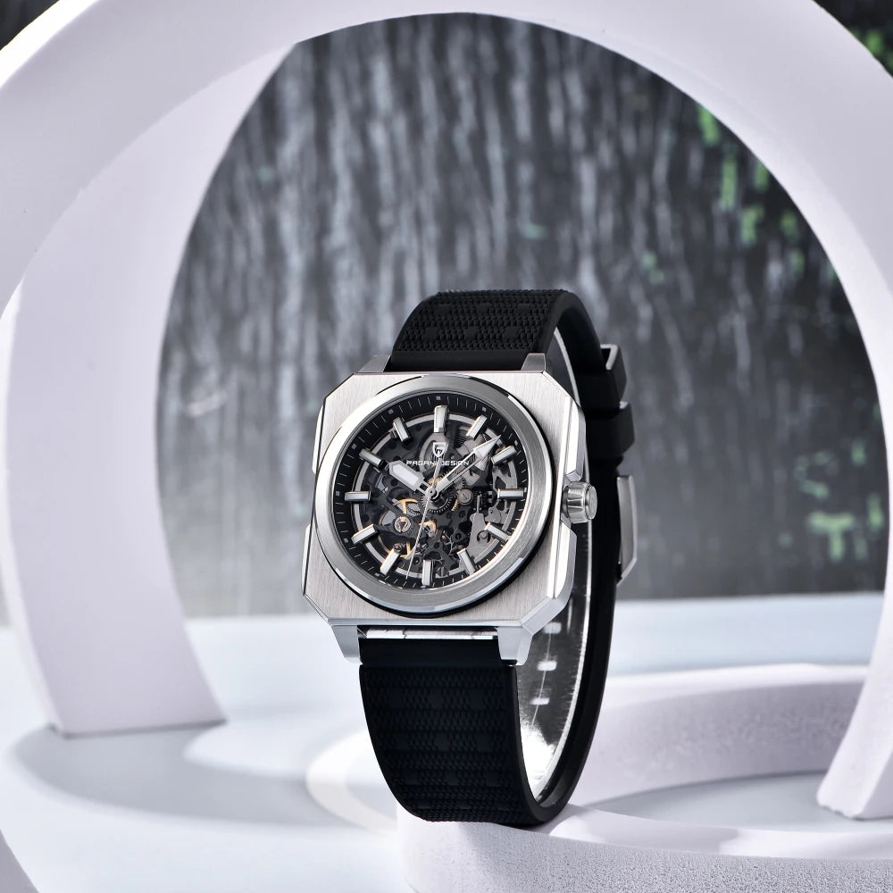 : Kelra Square Tourbillon men’s 38MM skeleton watch with black strap, sapphire glass