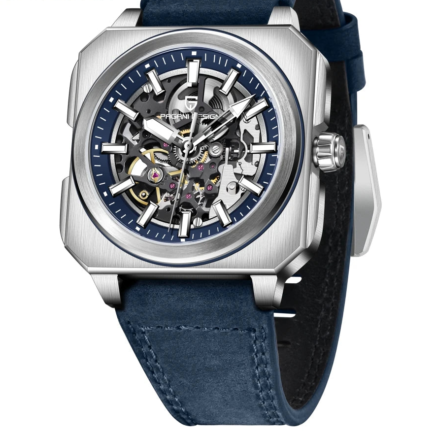 Kelra Square Tourbillon men’s 38MM skeleton automatic watch with blue strap