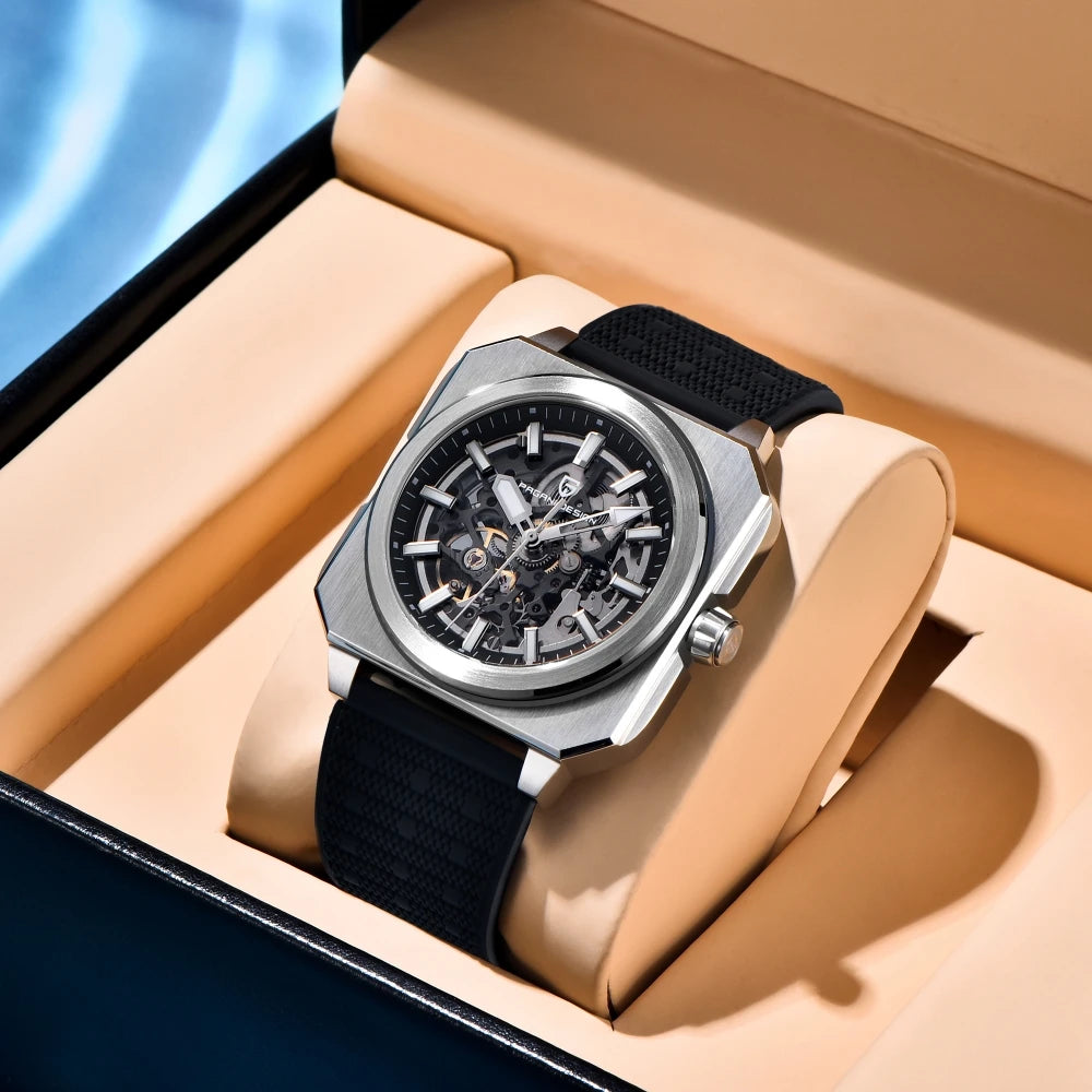 Kelra Square Tourbillon 38MM men’s skeleton automatic watch in display box, luxury presentation