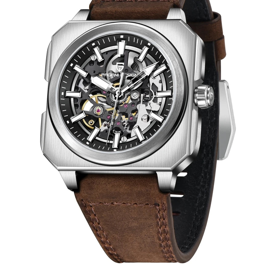 Kelra Square Tourbillon 38MM skeleton dial men’s watch with brown strap