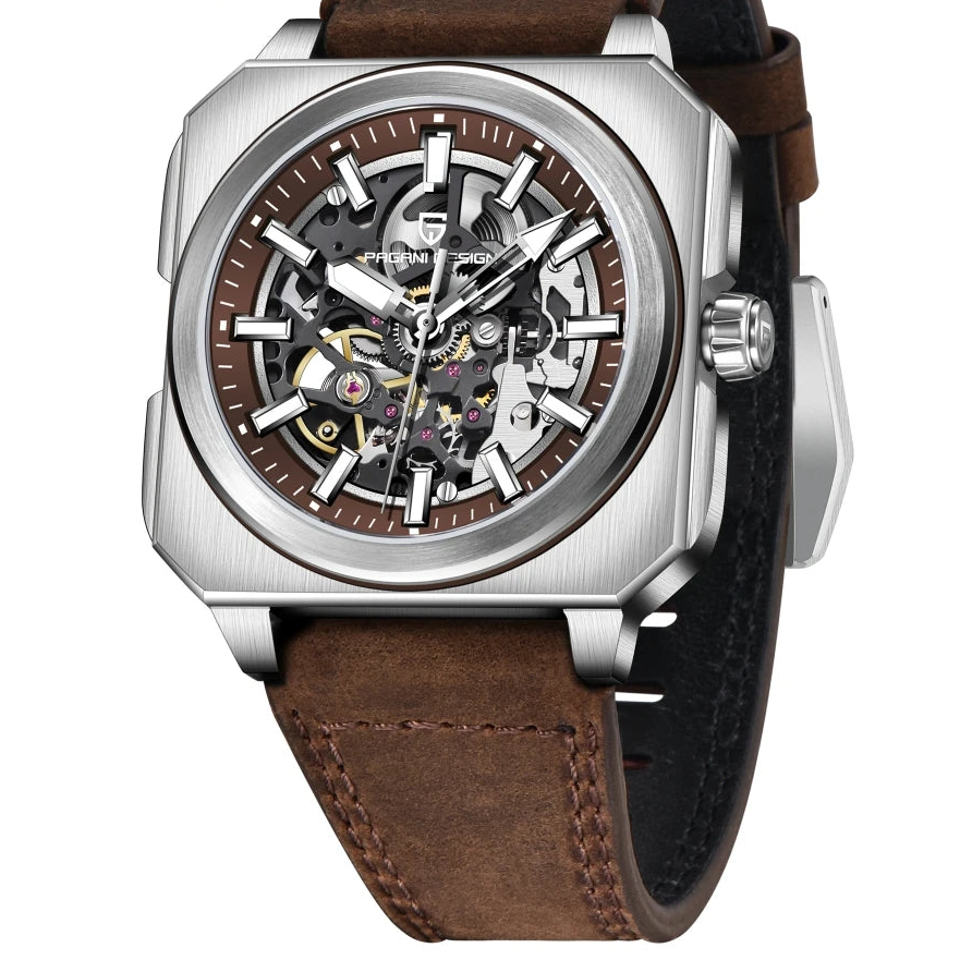 Kelra Square Tourbillon 38MM skeleton watch with brown dial and brown strap, sapphire glass