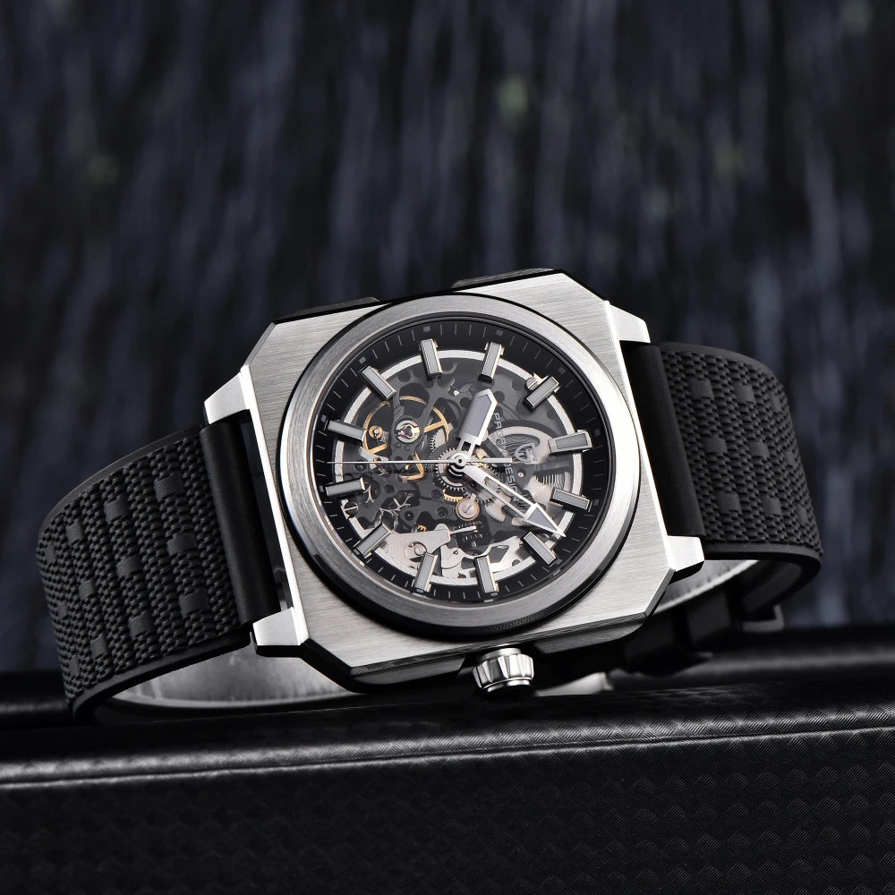 Kelra Square Tourbillon 38MM skeleton men’s watch placed on side, showcasing profile and strap design