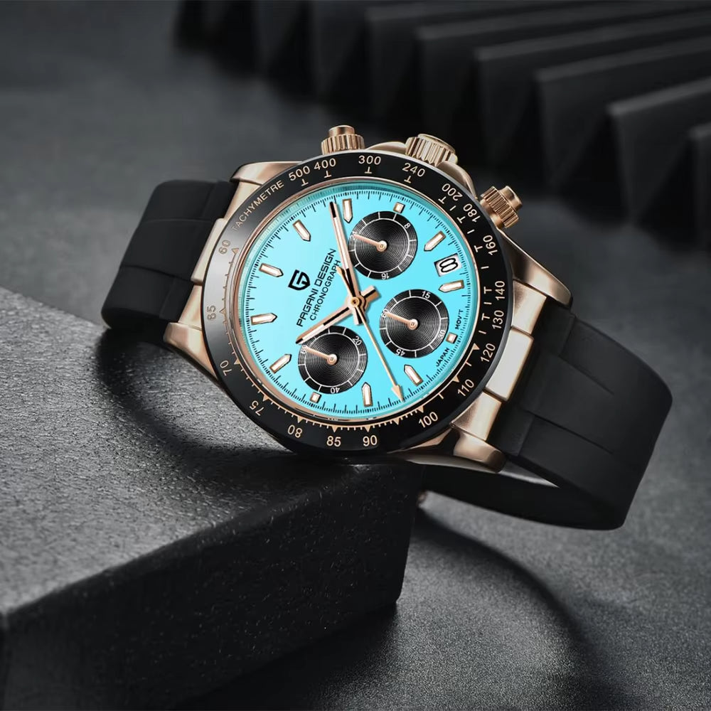 Cheap luxury men’s waterproof chronograph watch, sapphire glass and stainless steel, side angle close-up.