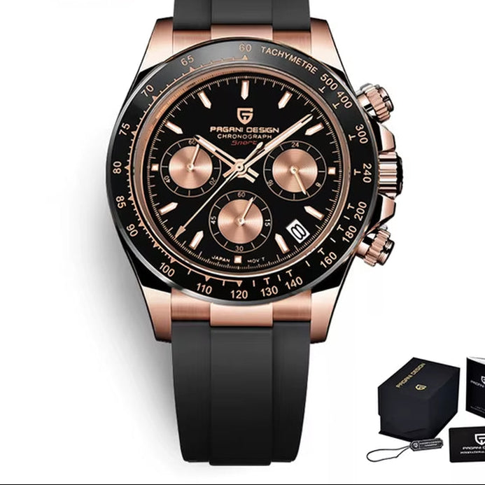 Modern men’s chronograph with sapphire glass, rose gold case, and black dial – luxury look at affordable price.