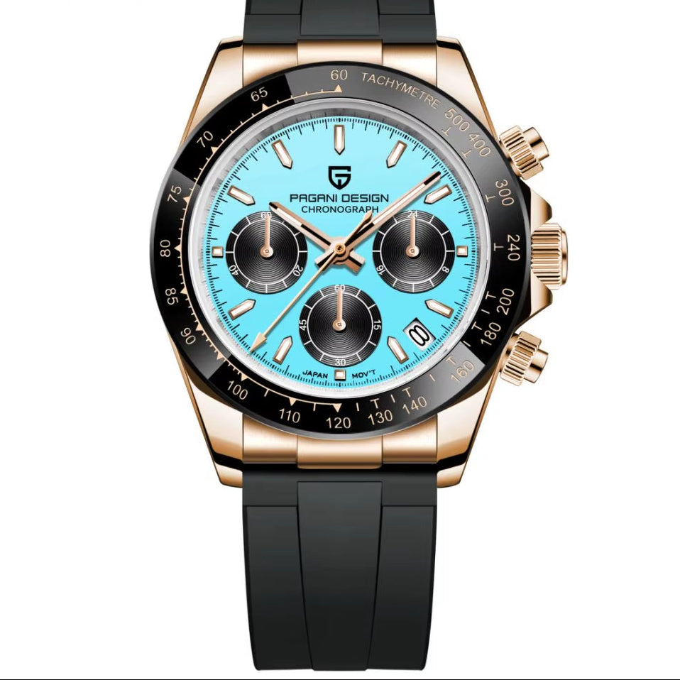 Front view of Kelra V2 men’s chronograph watch with turquoise blue dial, sapphire glass, rose gold case, and black strap. Affordable luxury waterproof stainless steel watch.