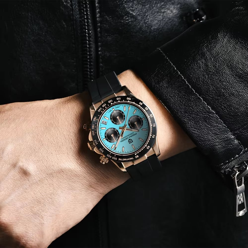 Affordable luxury men’s chronograph watch, sapphire glass, stainless steel case, shown on wrist for lifestyle fit.