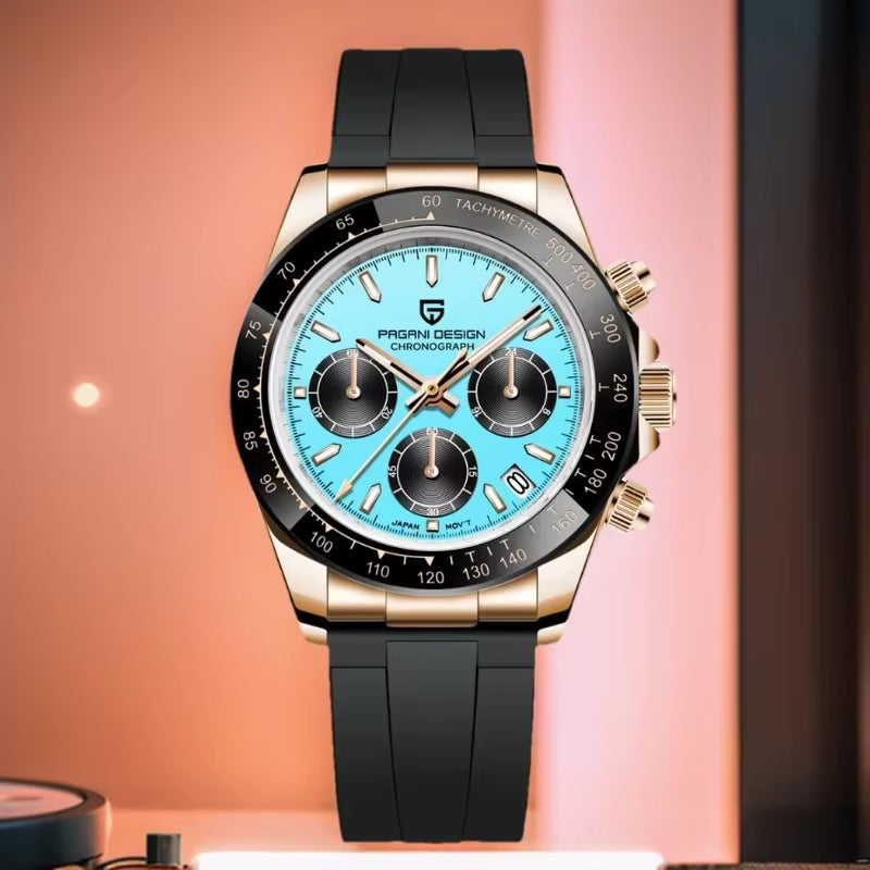 Men’s sapphire chronograph watch with retro stainless steel design, shown upright to highlight dial and bezel.