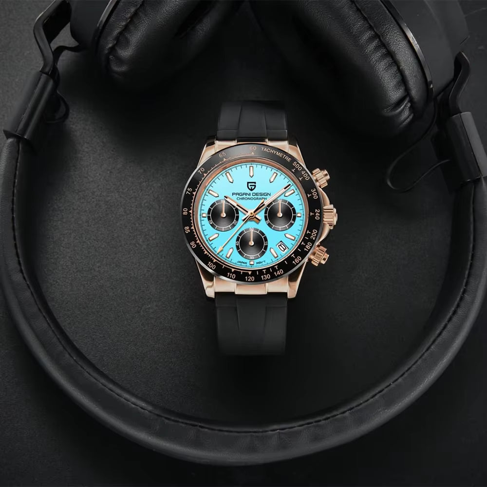 Stylish men’s sapphire chronograph watch, positioned between headphones to show modern lifestyle vibe.