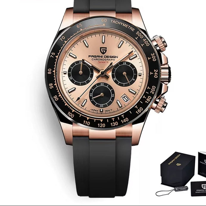 Cheap luxury sapphire men’s watch with rose gold dial and waterproof chronograph, stainless steel design.