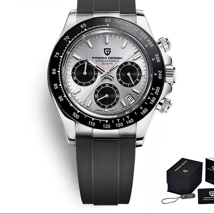 Stainless steel sapphire men’s chronograph watch with silver dial, waterproof quartz movement, classic luxury style.