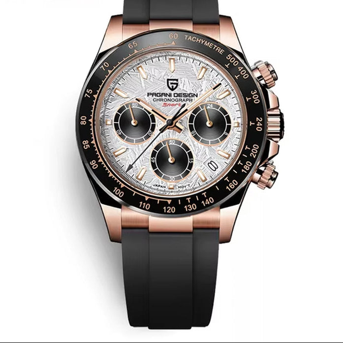 Luxury men’s chronograph watch with white dial, sapphire glass, stainless steel build, affordable designer look.