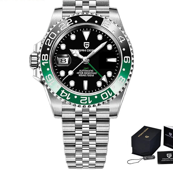 Kelra V3 GMT men’s automatic GMT watch, green-black bezel with durable black rubber strap.