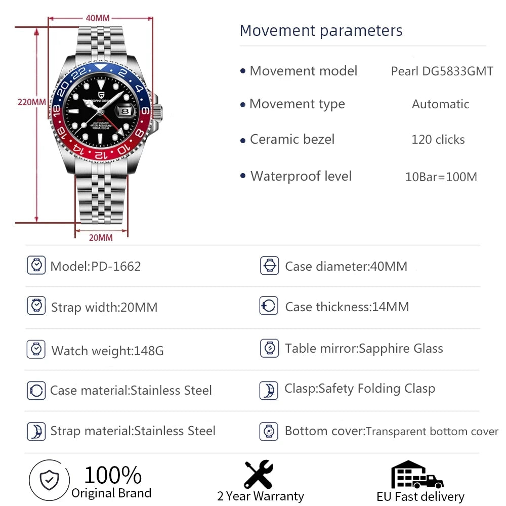 Kelra V3 GMT automatic men’s 40MM watch with Pepsi blue-red bezel and stainless steel Jubilee bracelet.
