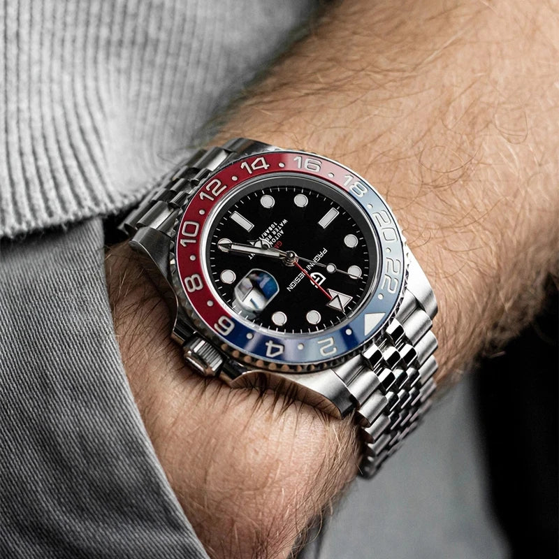Kelra V3 GMT 40MM automatic GMT watch worn on wrist, black dial with red-black bezel.