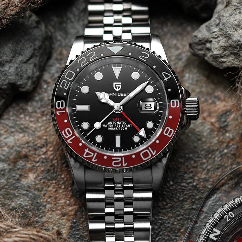 Kelra V3 GMT luxury men’s watch with stainless steel Jubilee bracelet, black dial, and red-black bezel.