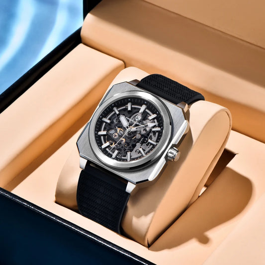 Kelra Square Tourbillon 38MM men’s skeleton automatic watch in display box, luxury presentation