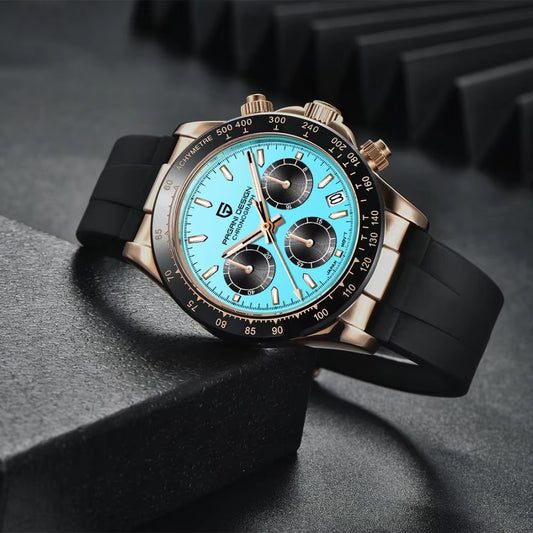 Cheap luxury men’s waterproof chronograph watch, sapphire glass and stainless steel, side angle close-up.