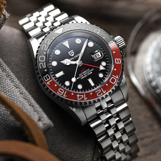 Kelra V3 GMT men’s automatic 40MM watch, black dial with red and black GMT bezel on Jubilee bracelet.